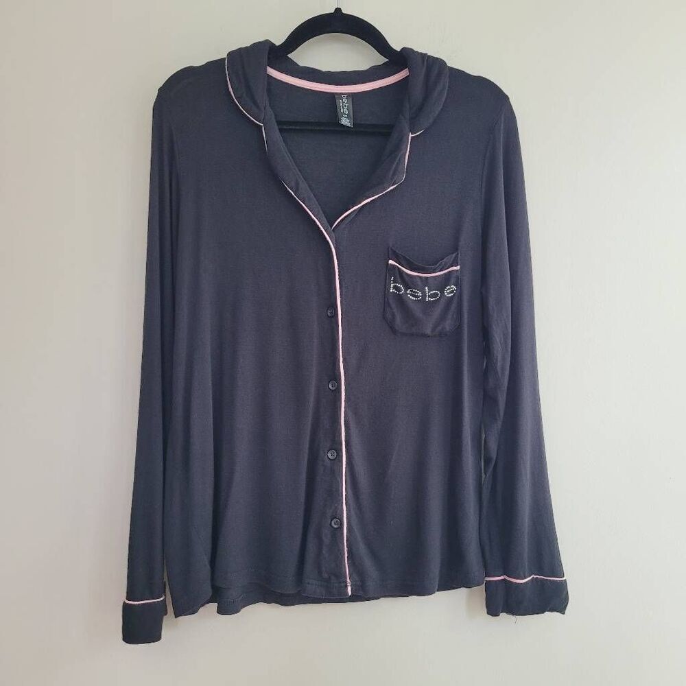 Bebe black & pink bedazzled button up pajama top super soft loungewear